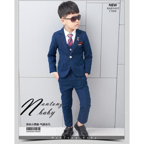 2018 New 3PCS Kids Plaid Wedding Blazer Suit Brand Flower Boys Formal Blazer Suits