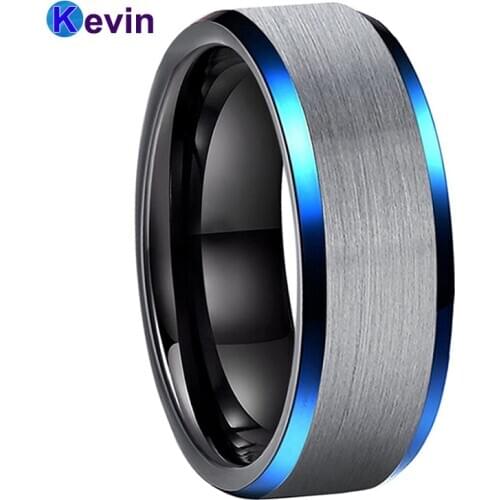 Black Wedding Ring Men Women Tungsten Ring Blue Bevel Edges Comfort Fit