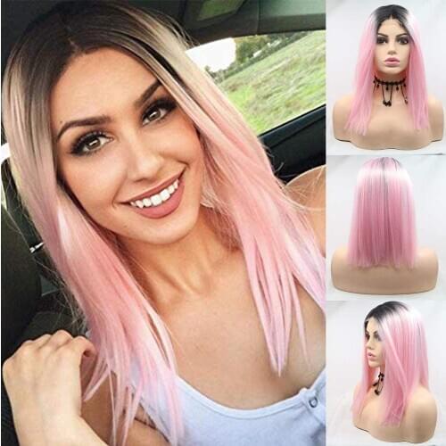 Ombre Pink Lace Front Wigs for Women Dark Roots Short Straight Bob Wig Light Pink Red Synthetic Lace Cosplay Daily Wig 14 Inches