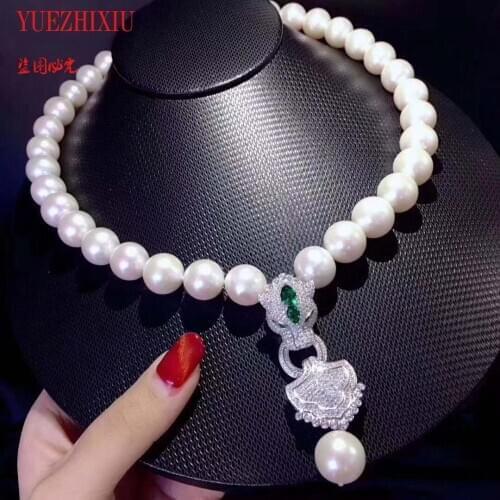Hot sell new styles 12-13mm natural KESHI REBORN PEARL white freshwater pearl necklace Leopard head clasp zircon pendant