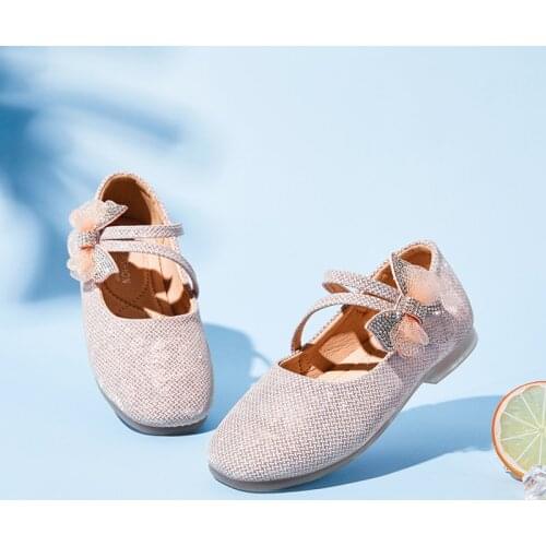 Girls' Leather Shoes Princess Sequined Childrens Shoes Flower Little Baby Silver Flat 2021 Spring Kids Butterfly Shoes Girls