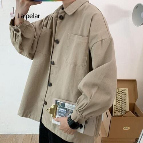 Men Jackets Leisure Retro Korean Loose Bf Cargo Outwear Teens Chic Solid Classic All-Match Oversize Vintage Street Wear