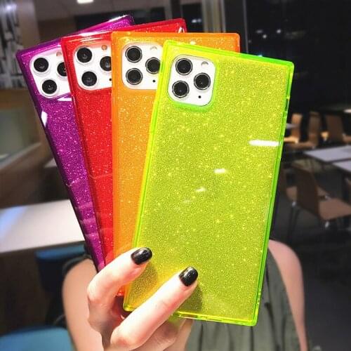 Square Fluorescent Color Glitter Phone Case For iPhone 11 Pro Max 12 Mini X XS XR 7 8 Plus 6S SE 2020 Transparent Soft TPU Cover