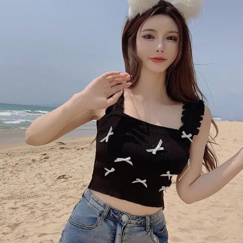 Summer Korean Women Sweet Retro Bow Crop Tops Summer Beach Tanks Sun-tops Camisole Knitted Vest