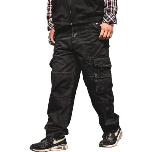 Mcikkny Mens CargoBaggy Jeans Pants Multi Pockets Hip Hop Loose Denim Trousers For Male Washed Plus Size 30-46