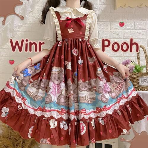 Lolita Sweet Lovely Girl Cute Kawaii Dress Jsk Dress Lace Printing Bear High Waist Victorian Dress Kawaii Girl Cosplay Cos