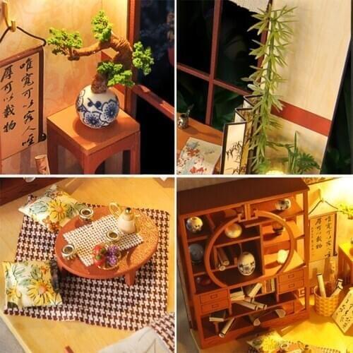 Dollhouse Miniature with Furniture, DIY Wooden House Kit Plus Dust Proof , 1:24 Tiny House Building Kit，(Chinese Style