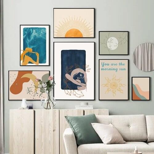 Modular Moon Sun Teal Girl Abstract Wall Art Canvas Modern Boho Painting Nordic Posters And Prints Wall Pictures For Room Decor