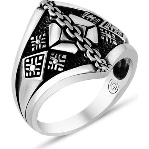 Men Handmade Silver Ring With Ship Chain Motif, Made in Turkey, Solid 925 Sterling Silver