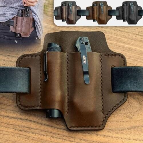 New Mens Genuine Leather EDC Tool Bag Belt Phone Case Outdoor Tool Organizer Flashlight and Phone Storage Bags Customization
