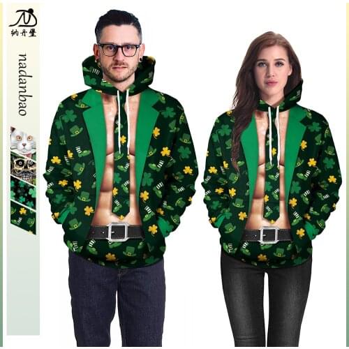 St. Patricks Day Autumn Winter Fashion Couple Wear Baseball Wear Irish Day Loose Casual Digital 3D Print Couple Hoodie