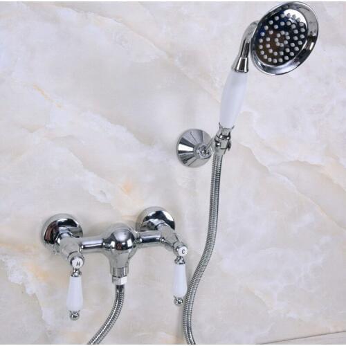 Polished Chrome Brass Bathroom Hand Held Shower Head Faucet Set Mixer Tap Dual Ceramic Handles mna281