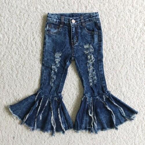Hot style Toddler girl ripped jeans flared pants tassel girl boutique clothing all-match blue jeans