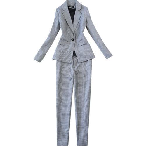Professional Suit Set 2019 Spring and Autumn New Slim Houndstooth OL One Buckle Small Suit Jacket +9 Points Pants Set