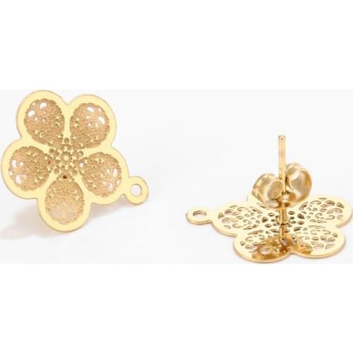 Gold tone stainless steel Flower Earring Post W/ Stoppers&Loop 15x18mm, sold per packet of 5 pairs
