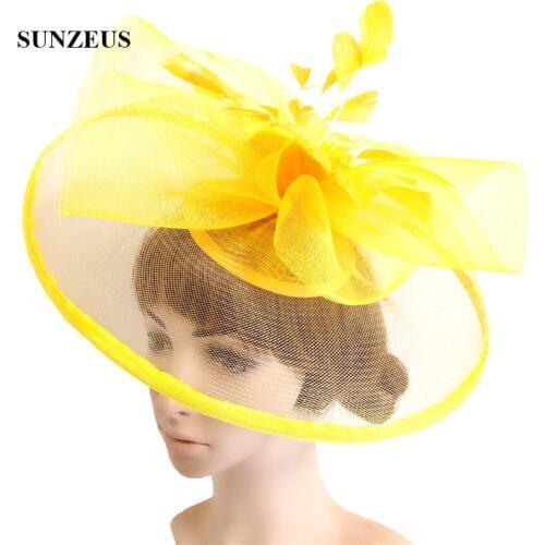 Big Tulle Hats with Feathers Flower Gorgeous Wedding Hat 2020 Newly Yellow Hats for Prom Dancing Party Hair Accessories SH66