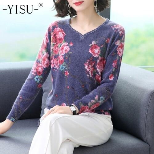 YISU 2020 Autumn Winter Sweater Women Loose Knitted Jumper O neck Long Sleeve Pullover Female Floral Print Sweater Women tops