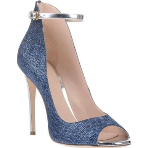 2021 Summer Pumps High Heels Sandals Women Denim Peep Toe Thin Heels Ladies Shoe Ankle Strap Brand Women Shoes Zapatos Mujer