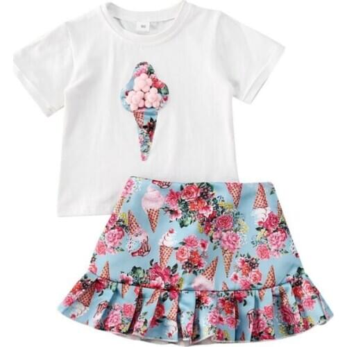 Vestidos Toddler Kids Girls Clothes Child Girls Short Sleeve 3D Ice Cream T-shirt+Floral Printed Skirts Summer Outfit Sets 2PCS