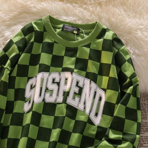 Japanese vintage vintage plaid round neck sweater women autumn casual American retro fried street loose tide top