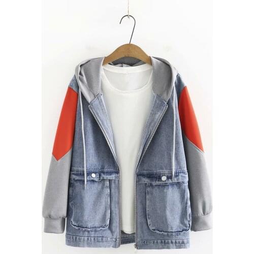 Plus size womens denim jacket hooded pocket autumn 2021 womens clothing loose Womens outerwear patchwork zipper coat women