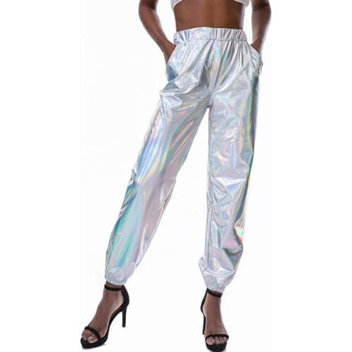 Shiny Metallic Harem Summer Pants Women Clothes 2021 Elastic High Waist Ladies Casual Loose Holographic Pink Pants Streetwear
