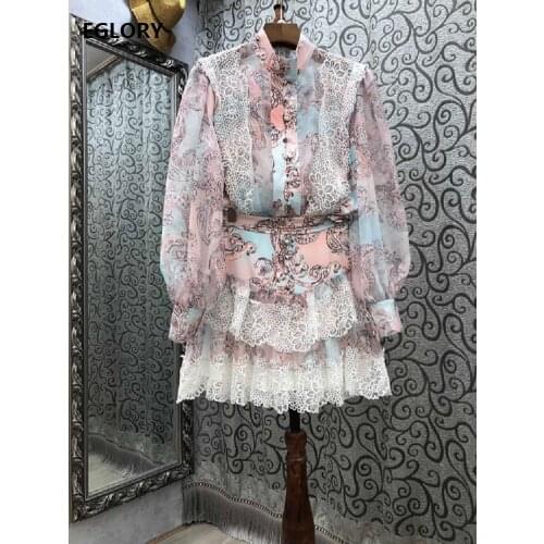 2021 Spring Summer Fashion Skirt Suits High Quality Women Hollow Out Lace Embroidery Long Sleeve Shirts+Cascading Ruffle Skirt