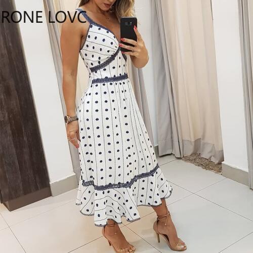 Women Elegant Fashion Sexy Spaghetti Strap V-Neck Lace Detail Midi Dress Bodycon Party Dress