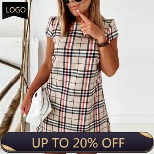 Elegant Plaid Striped Print Office Lady Dress Spring O Neck A-Line Women Shirt Dress 2021 Summer Short Sleeve Vintage Mini Dress