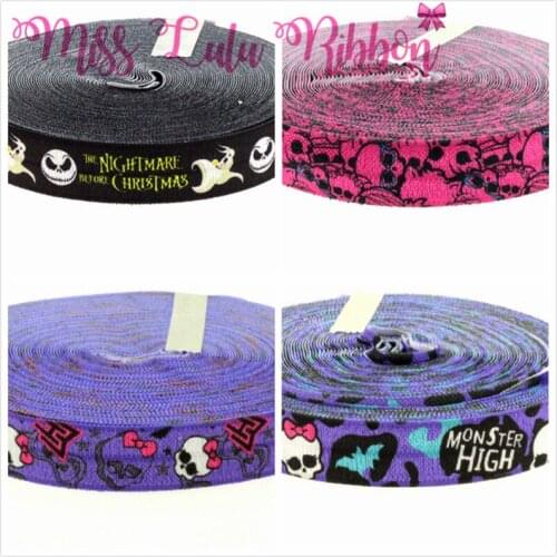 10yards/roll 5/8"16mm The Night Mare Before Christmas Printed Fold Over Elastic Ribbon Handmade Knot Hair Tie Hair Accessories