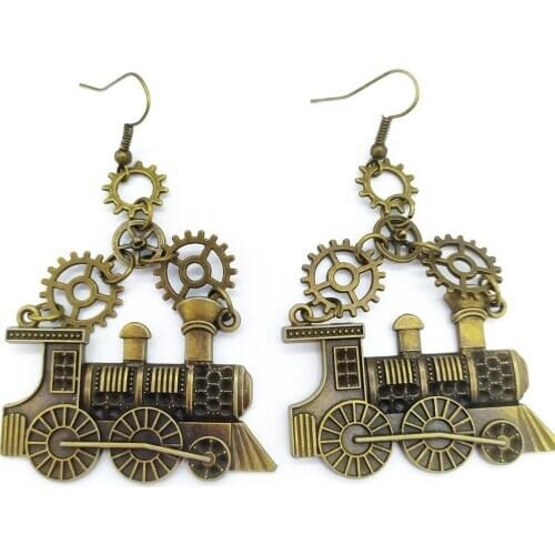 2020 Exclusive Retro Design Brass Ox Gears Steampunk Train Drop Earrings