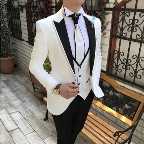 White Mens Suits Casual Suits Slim Fit 3 Piece Notch Lapel Prom Tuxedos Grooms Wedding Party(Blazer+Vest+Pants)