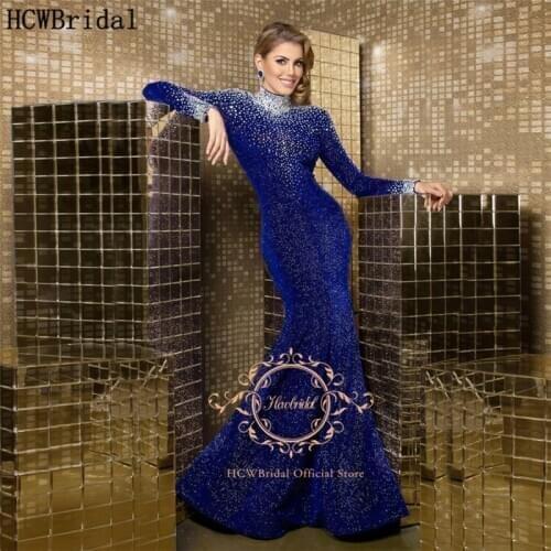 Glitter Royal Blue Mermaid Dubai Evening Dress Long Sleeve High Neck Crystal Prom Party Women Pageant Dresses Customize Gowns