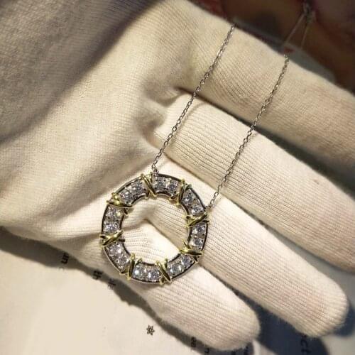 SLJELY Fashion Solid 925 Sterling Silver Circle with golden Cross Pendant Necklace Paved AAA Zircon Women Fine Designer Jewelry