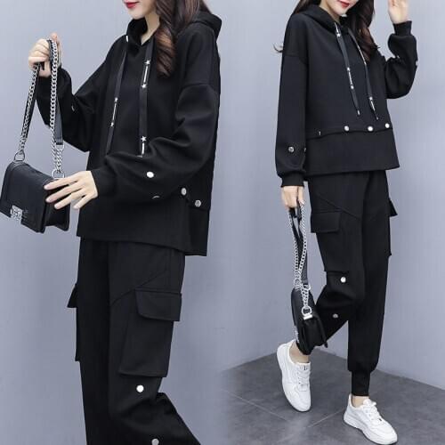 Black sports suit Women tracksuit Hooded Shirt pants set two piece set Top And Pant Leisure Hiking climbing clothes Matching Set