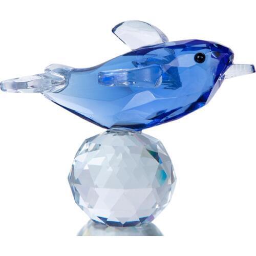 H&D Blue Crystal Dolphin Figurine Collectible with Ball Paperweight Table Knicknack Fengshui Ornament