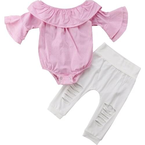 Citgeett Newborn Baby Kids Girls Plaid Pink Flare Romper T-Shirt Tops Hole White Ripped Pants Outfits Summer Fashion Set Clothes