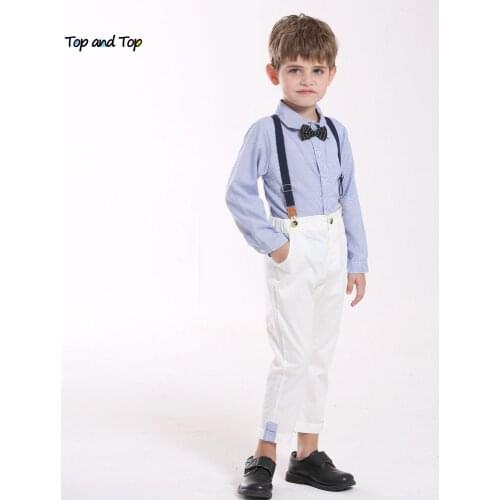 Top and top Fashion Kids Baby Boys Gentleman Clothes Set Toddler Casual Long Sleeve Striped Shirt Tops+Suspenders Pants Outfits
