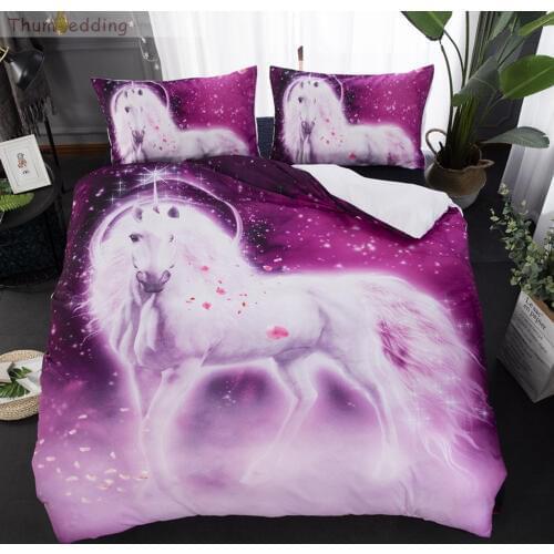 Thumbedding Colorful Queen Bedding Set Unicorn Duvet Cover Set 3D White Horse High Quality Bed Set For Bedroom with Pillowcase