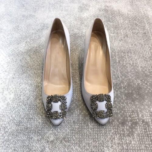 MB diamond sandals womens high heeled shoes silk diamond snowflake buckle square buckle Satin high heeled single shoes 10cm