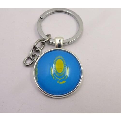 Fashion Kazakhstan Flag Keychain Charm Kazakhstan Glass Beads Key Chains Silver Plated Metal Blank Keyring Keychains