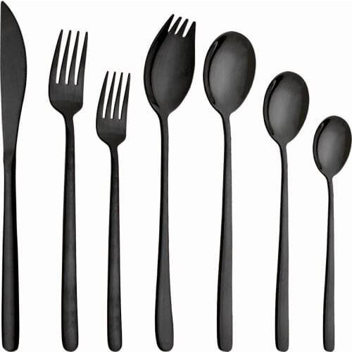 Dinnerware Set 7pcs 18/10 Stainless Steel Flatware Black Tableware Set Dinner Knife Dessert Forks Spoons Food Safe Cutlery Set