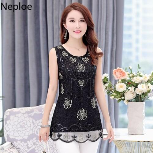Neploe High Quality Women Blouses Ladies Tops Lace Floral Sequined Fashion Blouse Shirt 5xl Loose Casual Sleeveless Blusas 38947