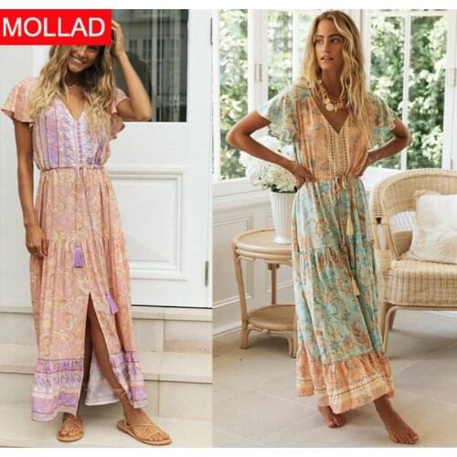 2021 European and American Womens Clothing New Bohemian Vacation Dress Positioning Flower Single-Breasted Dress