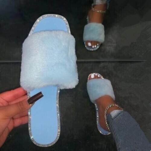NEW Winter 2021 Single Layer Furry Flat Non-slip Large Size Ladies Home Durable Fashion All-match Sandals Candy Color Slippers