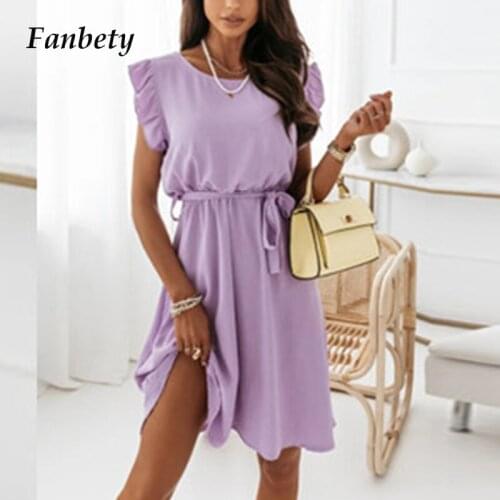 Casual Butterfly Sleeve Party Dress 2021 Spring Solid Lace-up Belted Mini Dress Women Summer O Neck Ruffle Beach Dresses Vestido