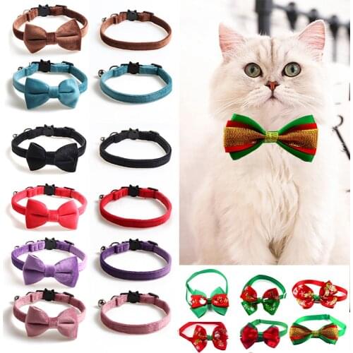 New Solid Color Velvet Cat Collar Bowtie Bowknot Puppy Chihuahua Collars Adjustable Safety Buckle Cats Bow Tie Pets Accessories