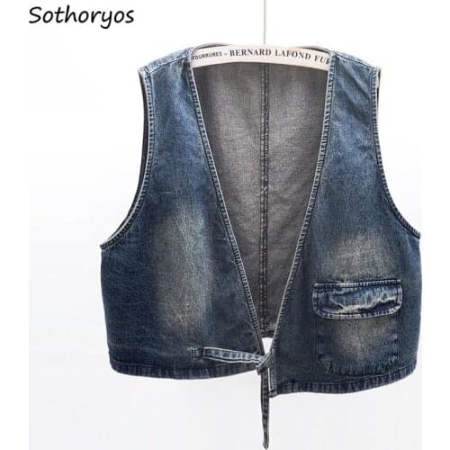 Vintage Denim Vests Women Loose Fashion Unisex BF Cropped Sleeveless Outerwear Female All-match Pockets Casual Streetwear Coats
