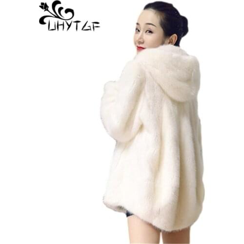 UHYTGF Womens Fur Coat Fashion Hooded Mink Winter Jacket Mid-Length Casual Warm Outerwear White Black Loose Plus Size Tops 1373