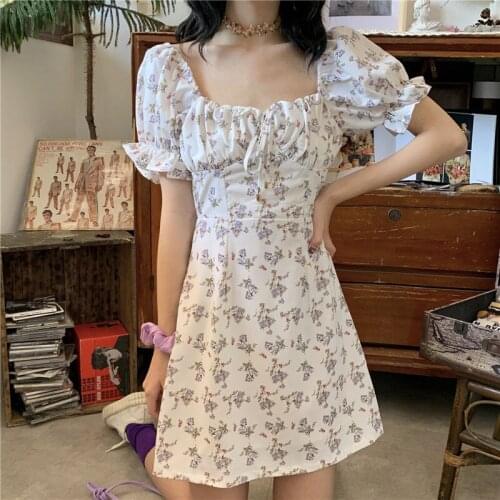 2021 Summer Floral Women Dress White Casual Bandage Ruched Mini Dress Office Puff Sleeve High Street Aline Ladies Dresses